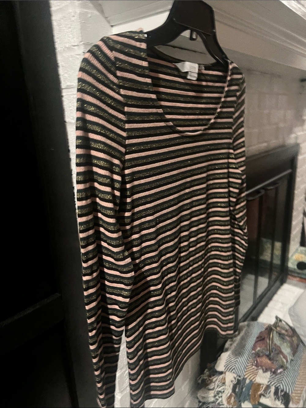 Numph | Pinstriped Long-Sleeve Scoop Neck Top | Size XS